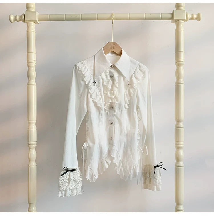 Gothic Lolita Blouse Black White Waist-Tie Shirt