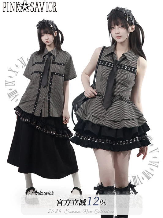 Ready to Ship 【Shadow Thief】 Striped Gothic Shirt Dress with Cotton Blend, Cross Detail, Asymmetric Long Skirt, Waist-Cinching Top