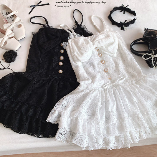 sleepingdoll Handmade* Retro Lace Sweet-and-Spicy Charm Pearl Single-Button Dress with a Big Bow