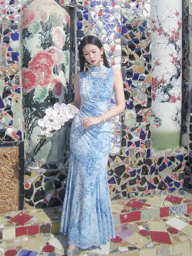 Blue Porcelain Tie-dye Cheongsam Dress