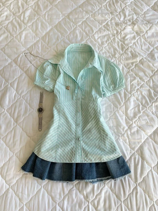 Green Striped Lapel Slimming Short-Sleeve Shirt for Women, Summer Fresh Casual Styling