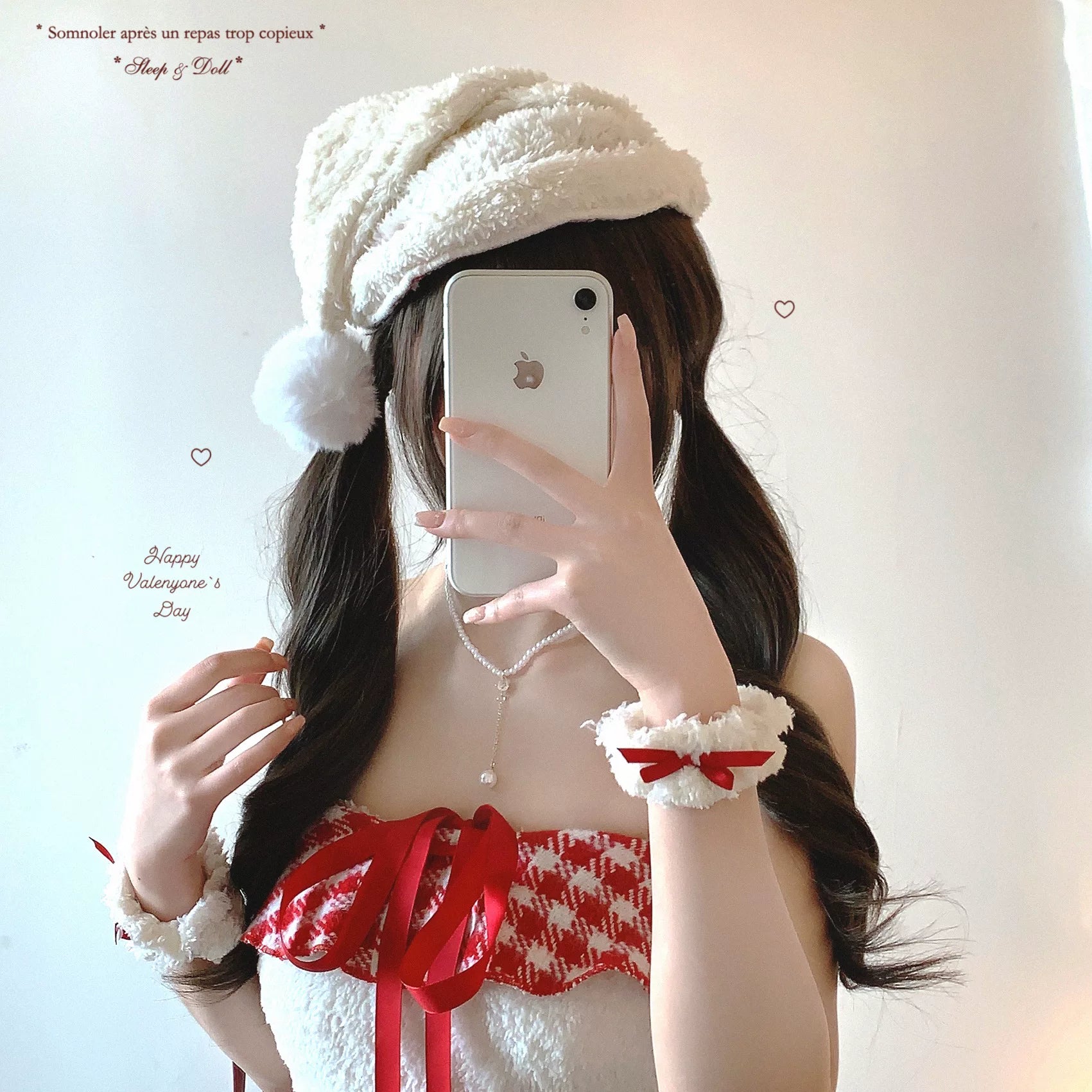 Final-Stock Red-and-White Checkered Tassel-Trim Ribbon Bow Fluffy Pure-Love Fuzzy Tube Dress