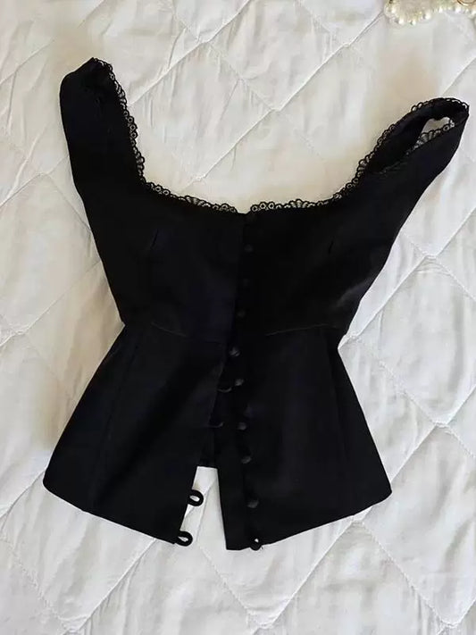 Black Corset-Waist Cami Top with a Slim Fit Vintage Lace Detail for Women