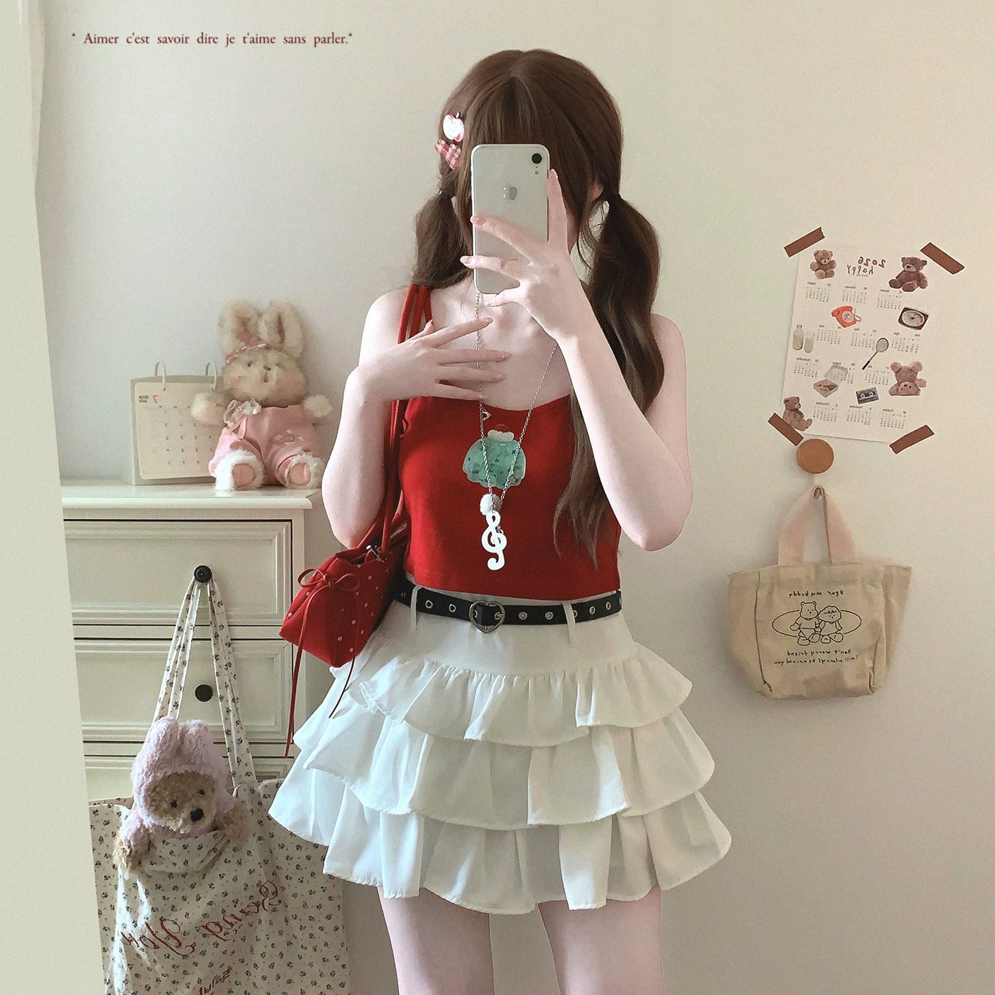 Last-Call Layered Skirt Sweet High-Waist Heart Belt Puff Cake Skirt *f