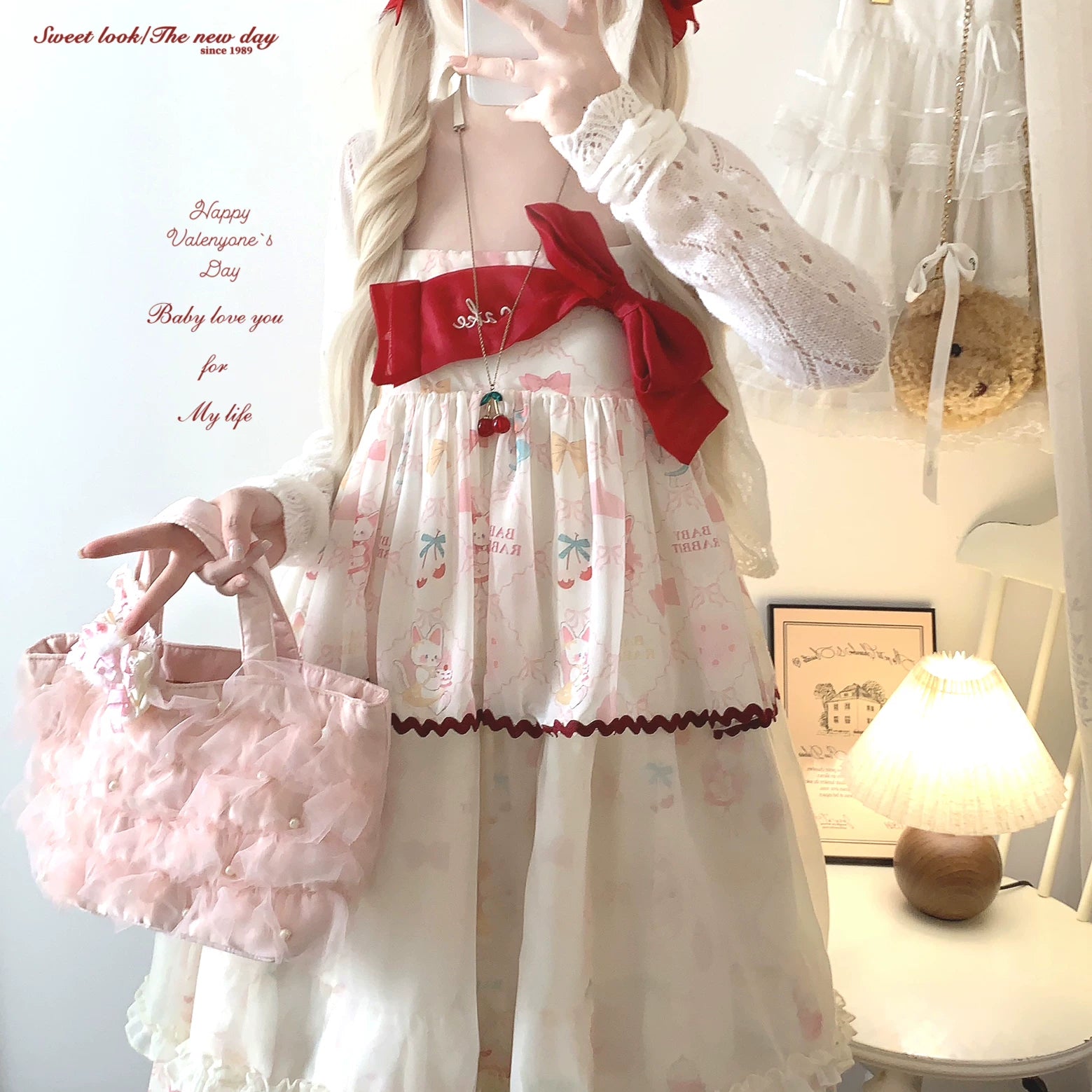 Sleepingdoll Handmade* Cat Milk Cream Satin Dress with Lace-Up Lace-Up Chiffon Bow Embroidery Layered Slip Dress