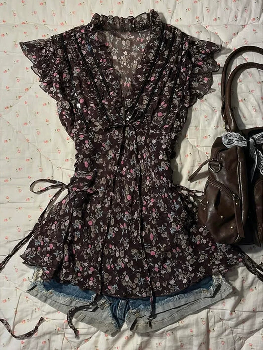 Hixia Handmade Original Brown Vintage Floral Chiffon Shirt for Women Summer Retro Vacation Look Waist-Cinching Top