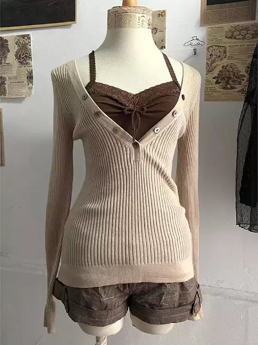 retro knitted khaki v-neck sweater