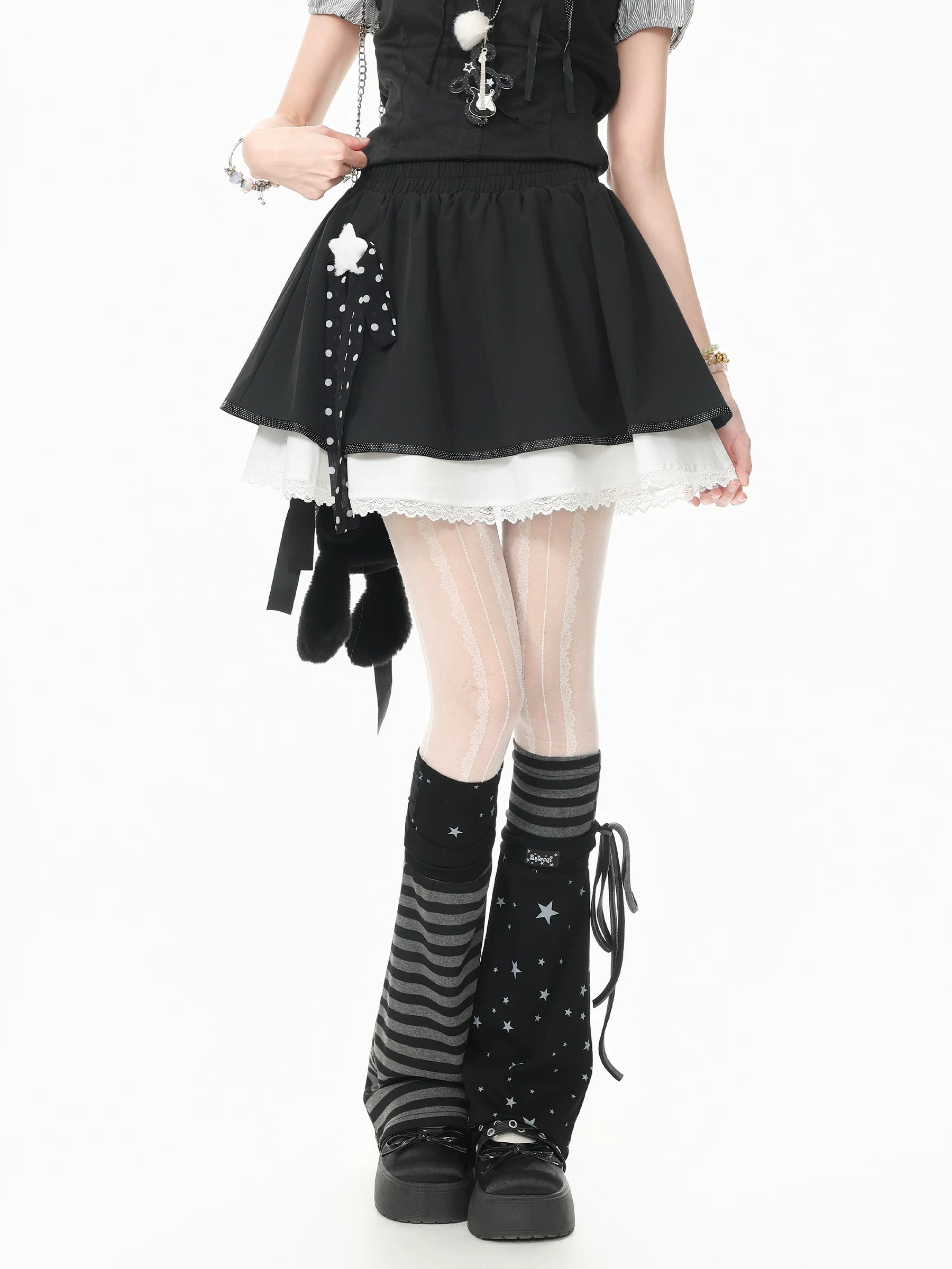 Languid Park “Blue Ghost Park” Lace-Trim A-Line Midi Skirt for Women—Cute Home-Style Design, Summer Flared Skirt