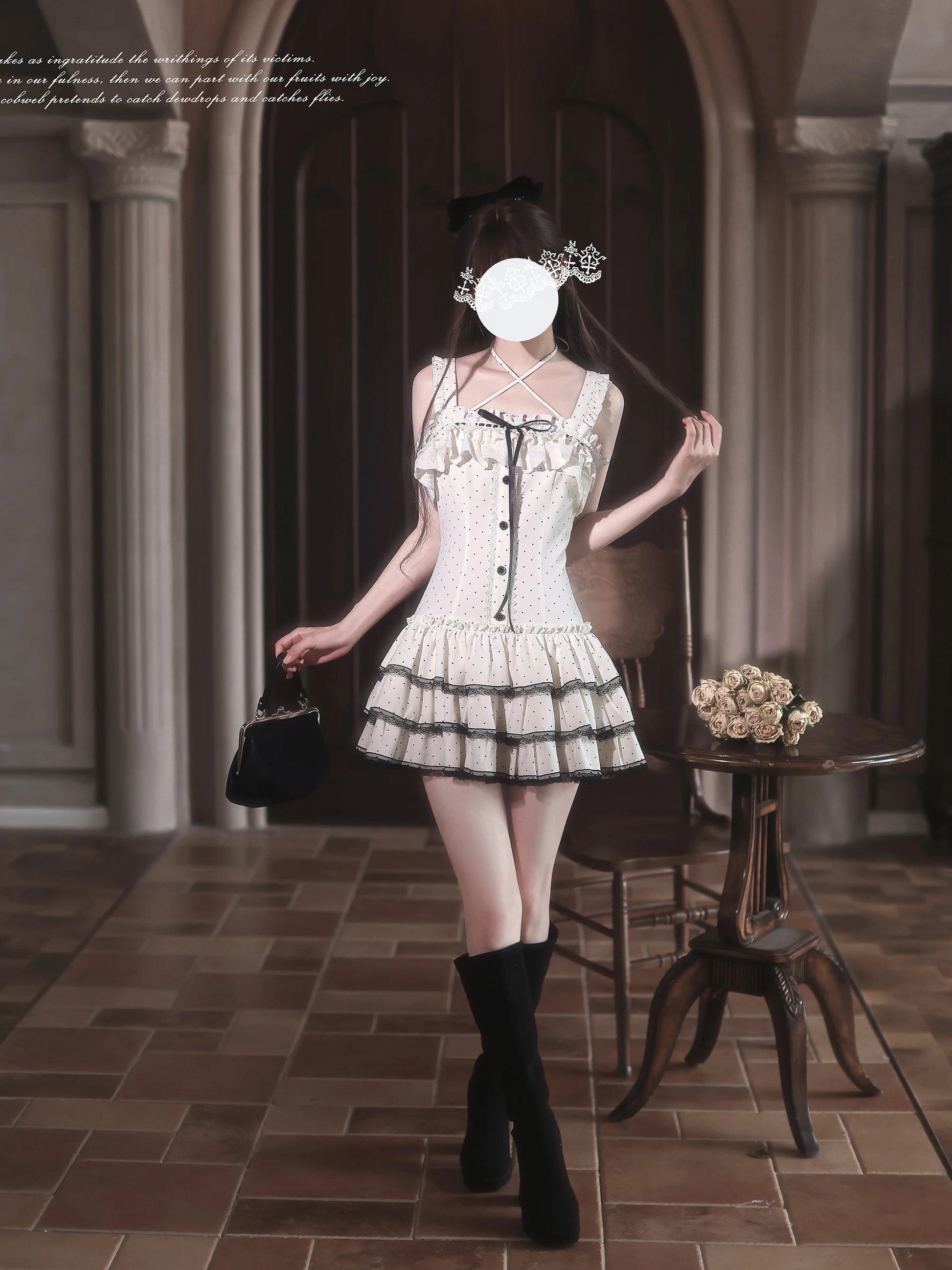 Walnut Wood JK “Polka Dot White Tea” Original Korean-Inspired Polka Dot Cute Cake Dress miu-Style Sweet Little Girl Vibe