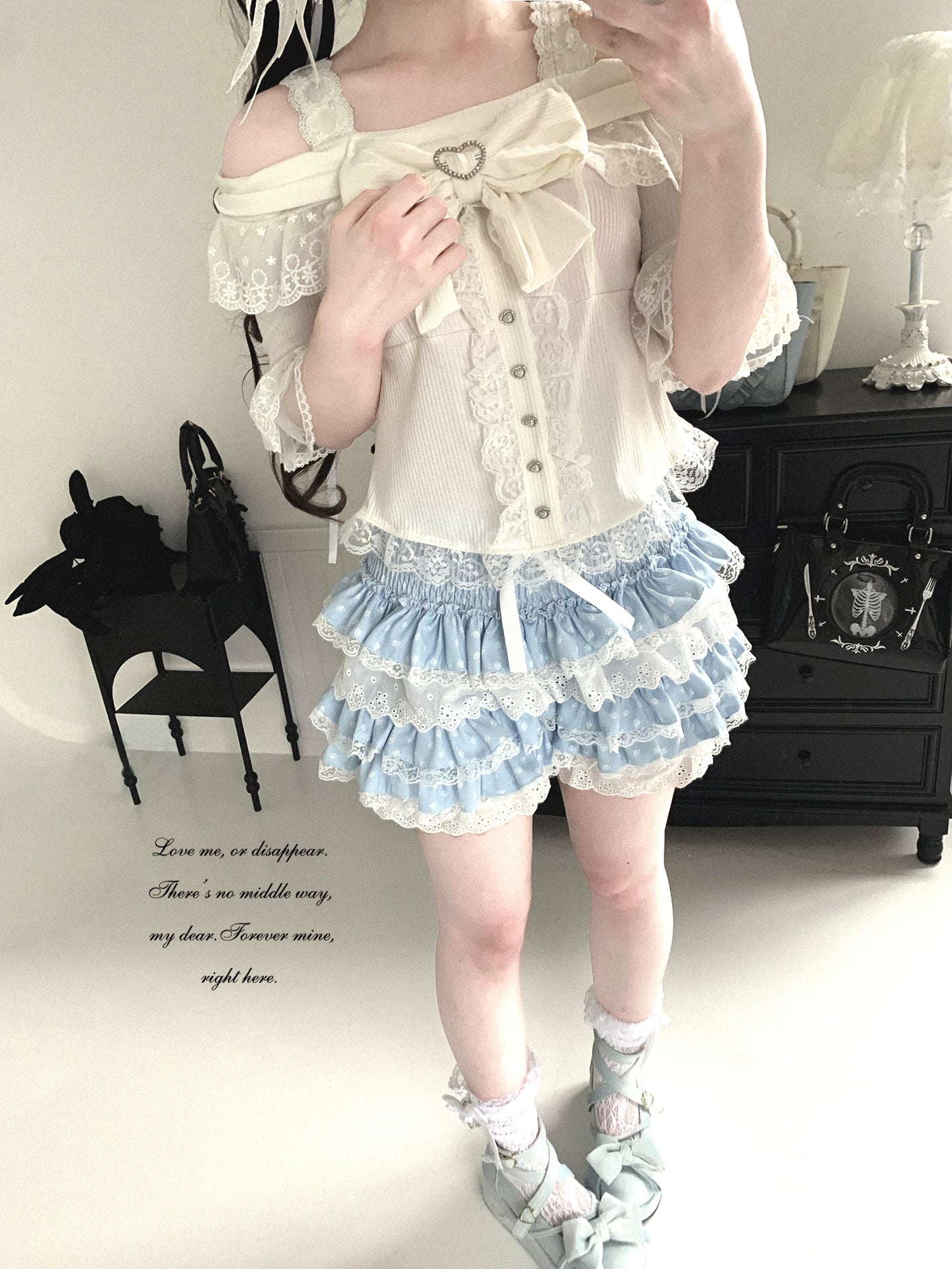 KittyBxllet Original “Minami Shiroyuki” Lace Sheer Cunning One-Shoulder Off-Shoulder Short Sleeve Top