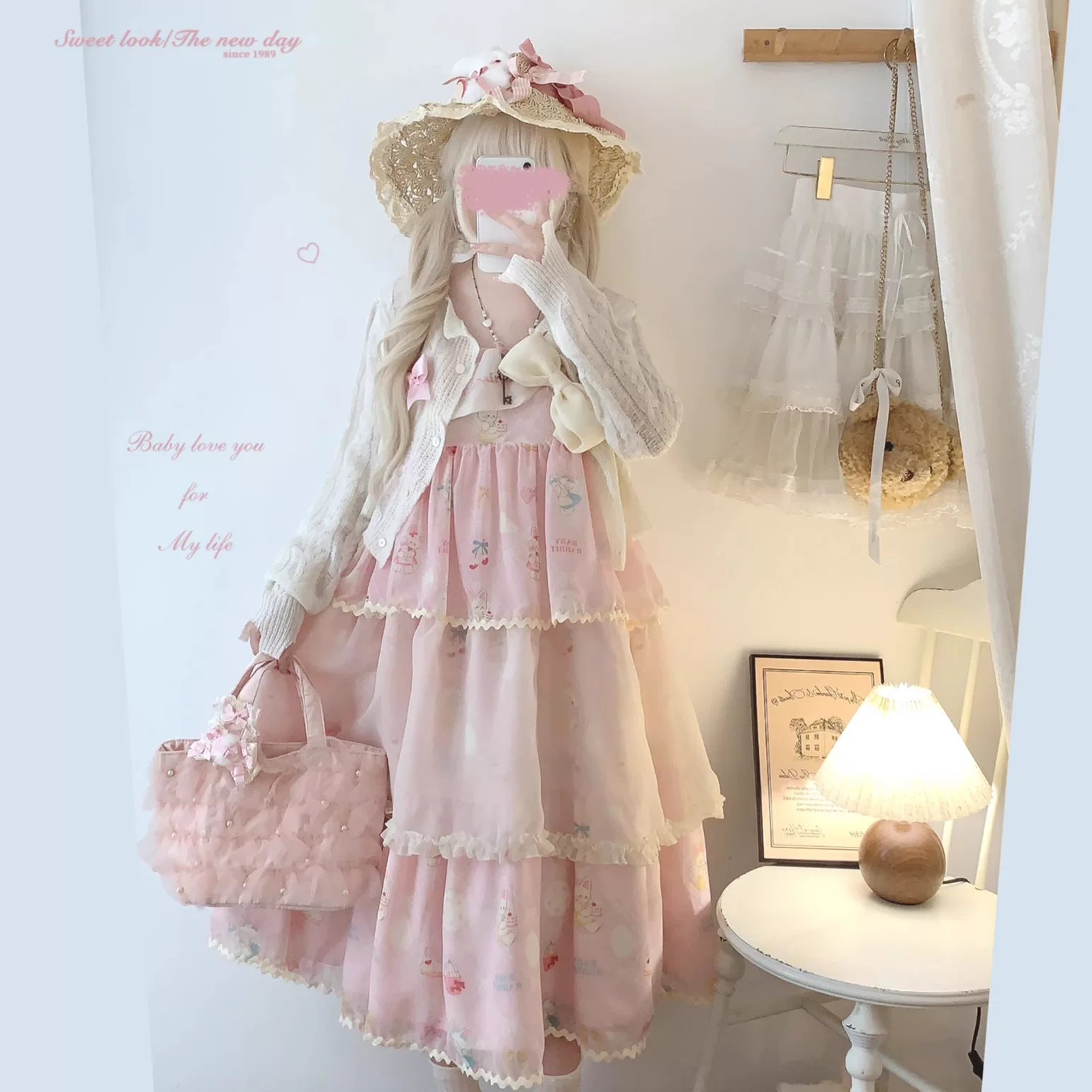 Sleepingdoll Handmade* Cat Milk Cream Satin Dress with Lace-Up Lace-Up Chiffon Bow Embroidery Layered Slip Dress