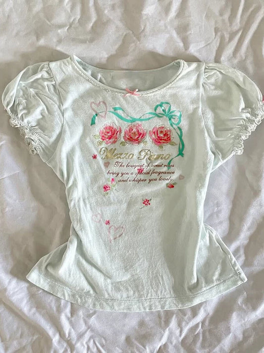 Original White Korean Sweet Cute Playful Round Neck Puff Sleeve Short-Sleeve Top for Summer Women