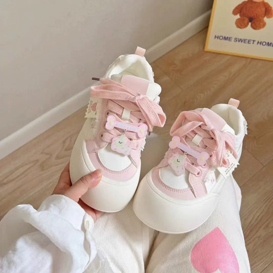 White Sneakers Cute Little Bear Chubby “Head” Bread Shoes for Middle School Girls, Big Kid Chunky Platform Casual Puff Sneakers