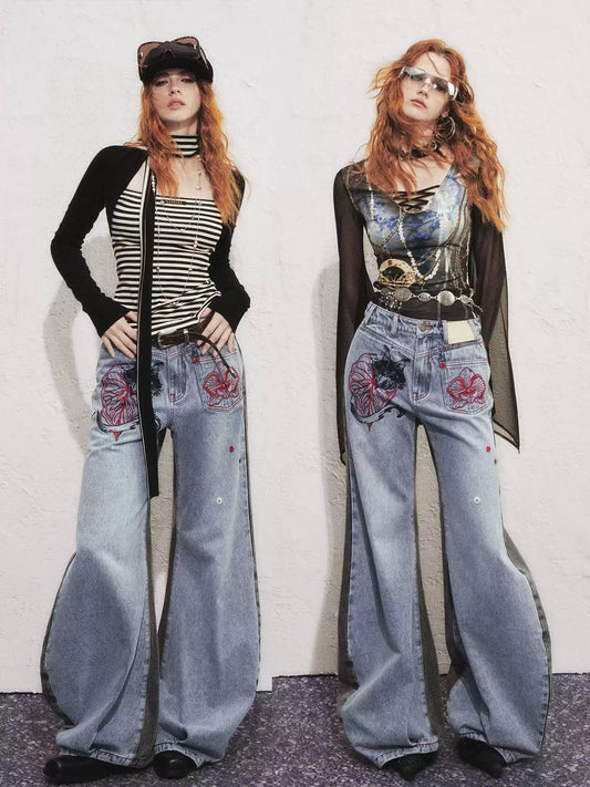Splicing Cat Plant Embroidery Asymmetrical Pocket Sickle Jeans