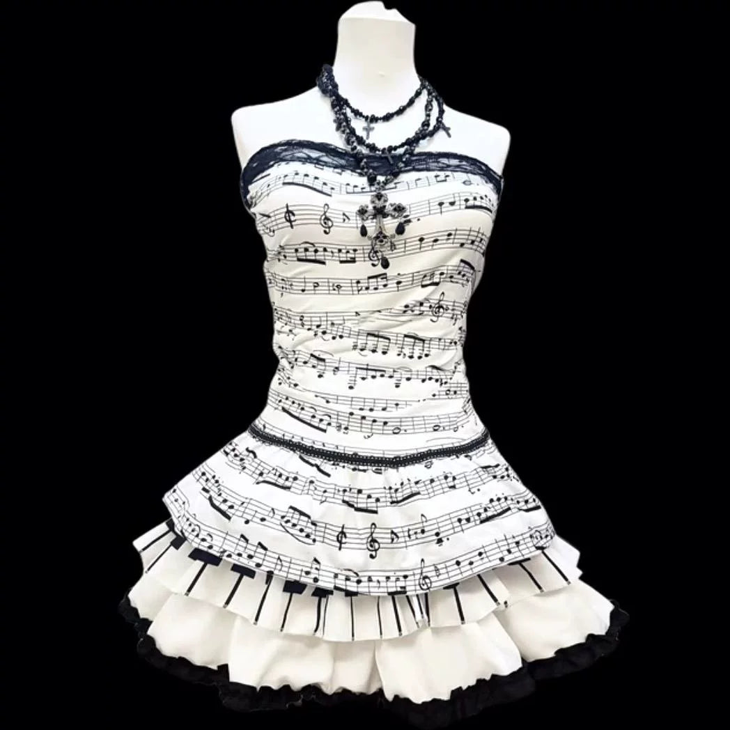 Summer Y2K Vintage-Feeling Note-Embellished Bustier Top Dress Lace T-Shirt for Women Piano Black & White Short Skirt Puff Skirt Two-Piece Set