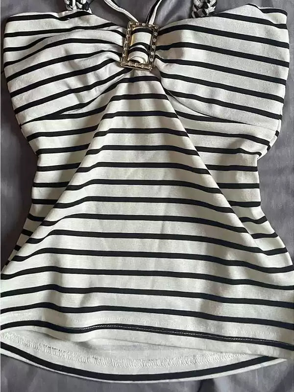 Black and white striped twist camisole