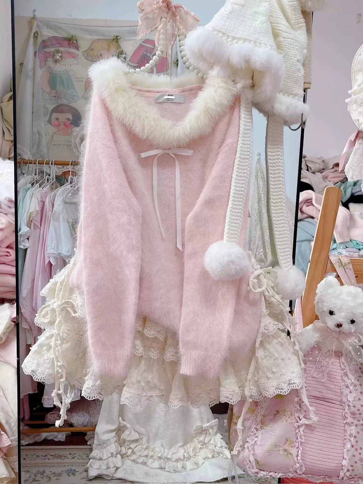 Korean style furry collar pink long-sleeved sweater