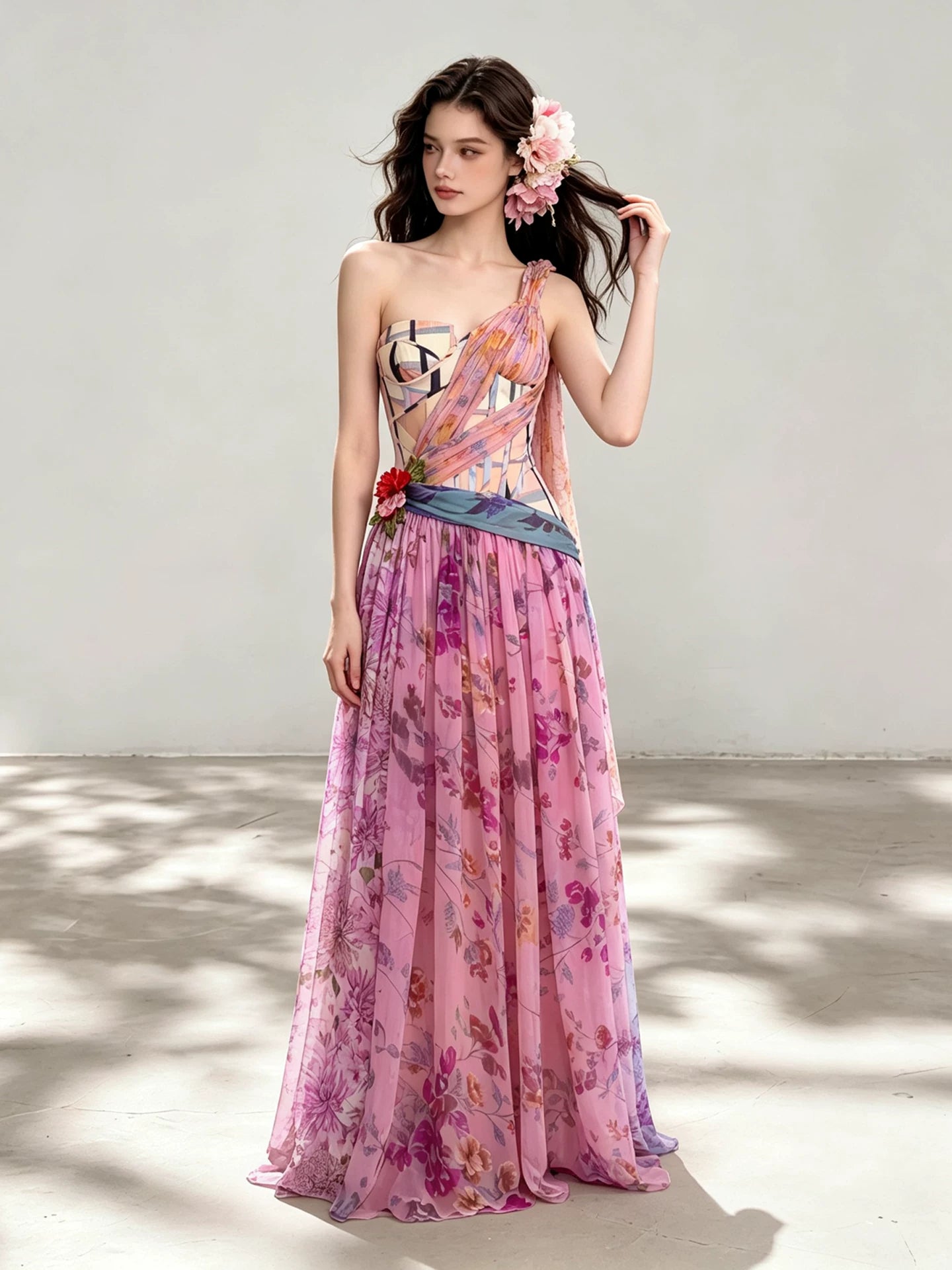 Stunning Thai Irregular Off-Shoulder Fishtail Corset-Style Bodice Floral Print Draped Cinched-Waist Dress