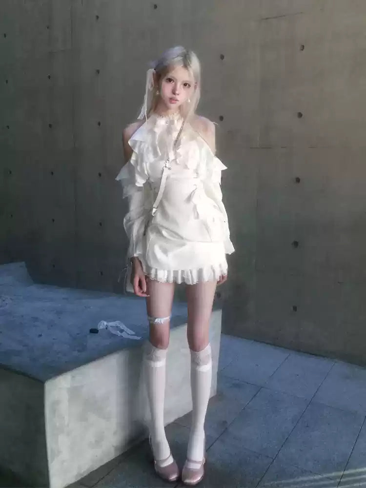 White Halter-neck Ruffled Angelic Dress