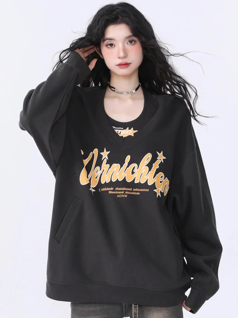 American Retro Casual Loose Two Piece Letter Print Sweatshirt Dark gray