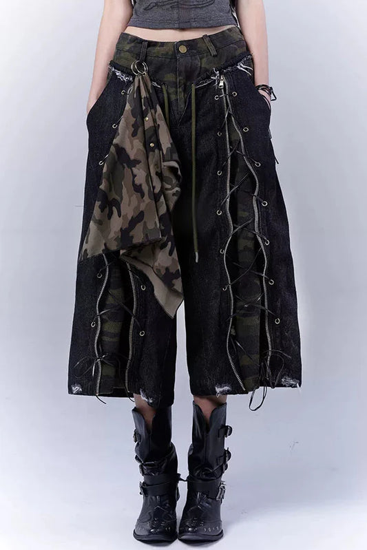 Camouflage Distressed Cropped Pants + Scarf