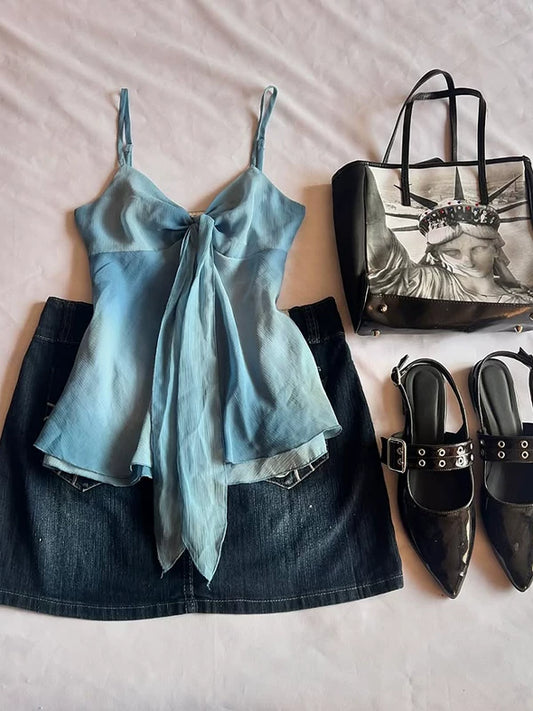 Blue Strappy Cami Top for Women Summer Vintage Y2K Streetwear Sleeveless Hot Girl Tank Top