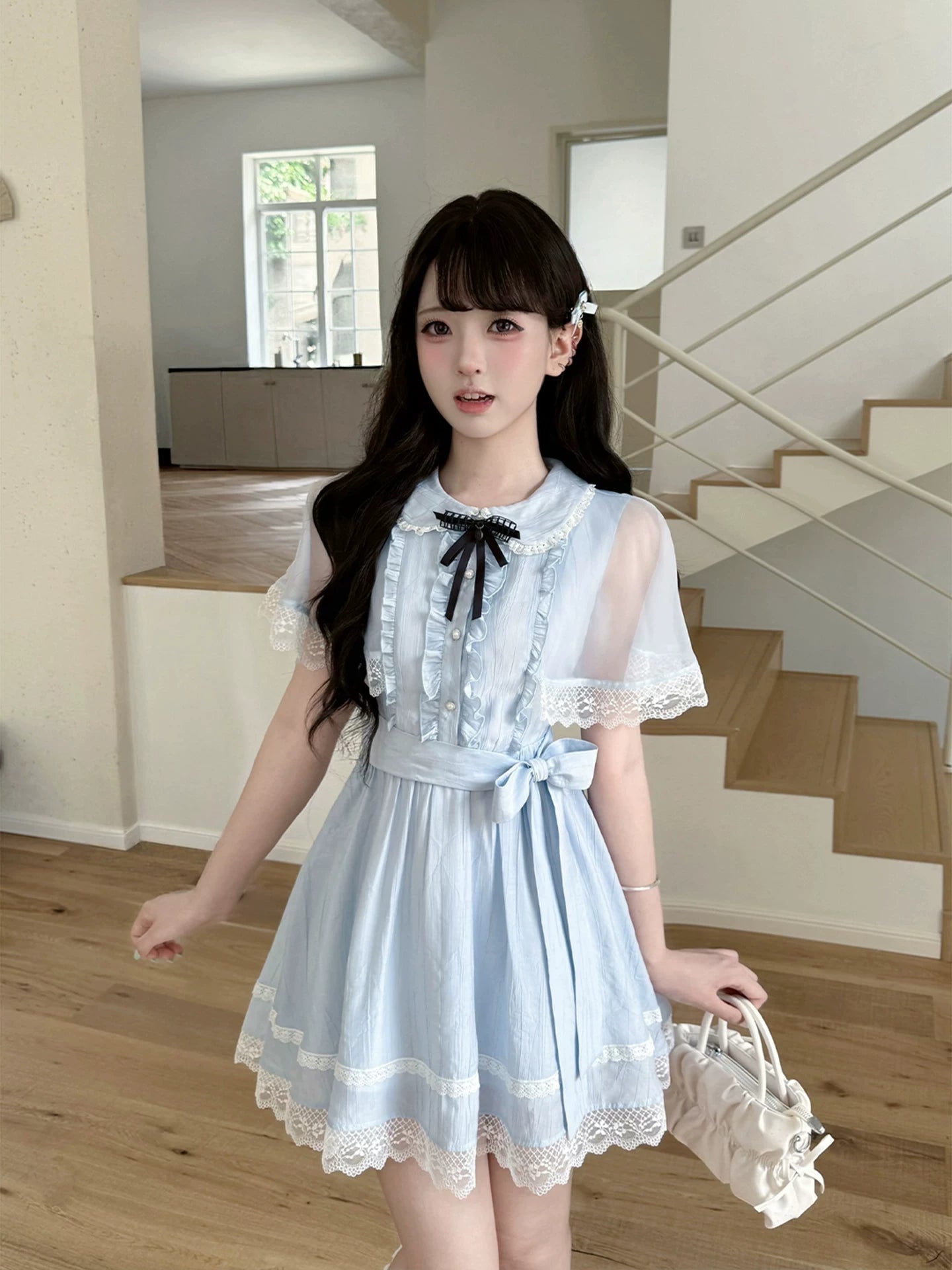 LaLa Sauce YU Qingxia Clear-Style Blue Girls’ Lace-Detailed Chiffon Cape Dress with Waist Cinching Sweet Princess Silhouette