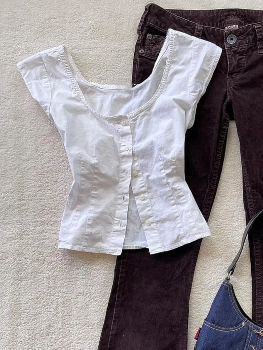 White Crewneck Shirt for Women, Summer 2026 New Collection – Figure-Flattering Cinched Waist Design, Unique and Tasteful Minimalist Top