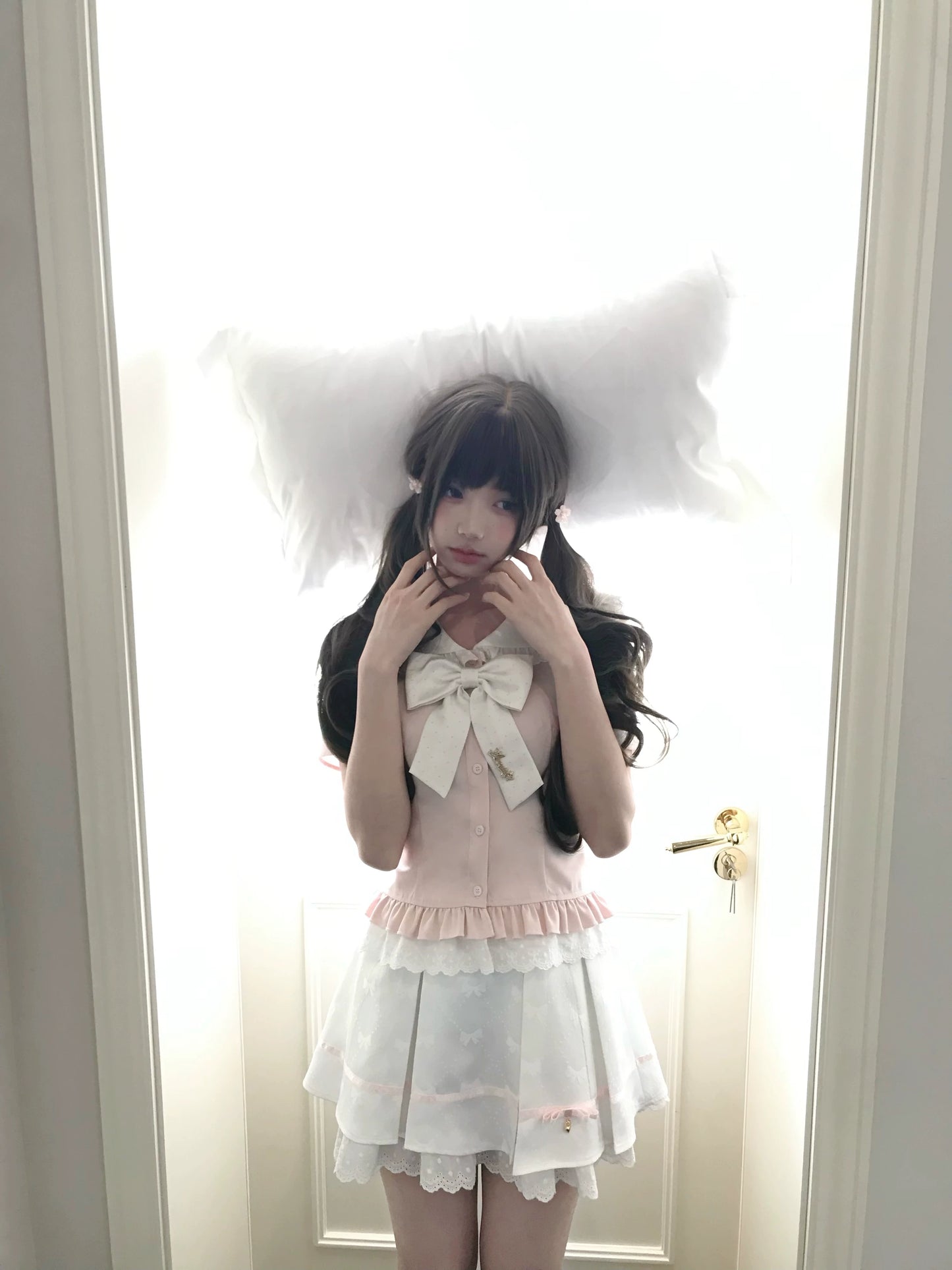 La La Sauce Sakura White Chocolate Japanese College Style Sweet Girl Short-Sleeve Shirt Fitted Top + Skirt Set