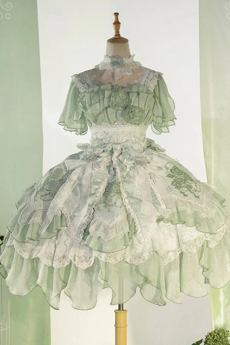 Fairy Princess Lolita Jumper Skirt + Hair Accessories + Sleeves Green ［Short Jsk ］
