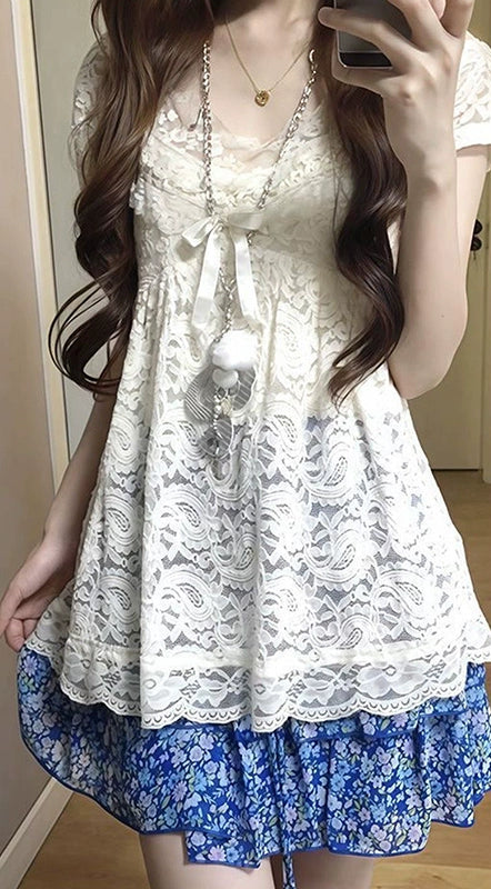 Blue Floral Lace Bow Top
