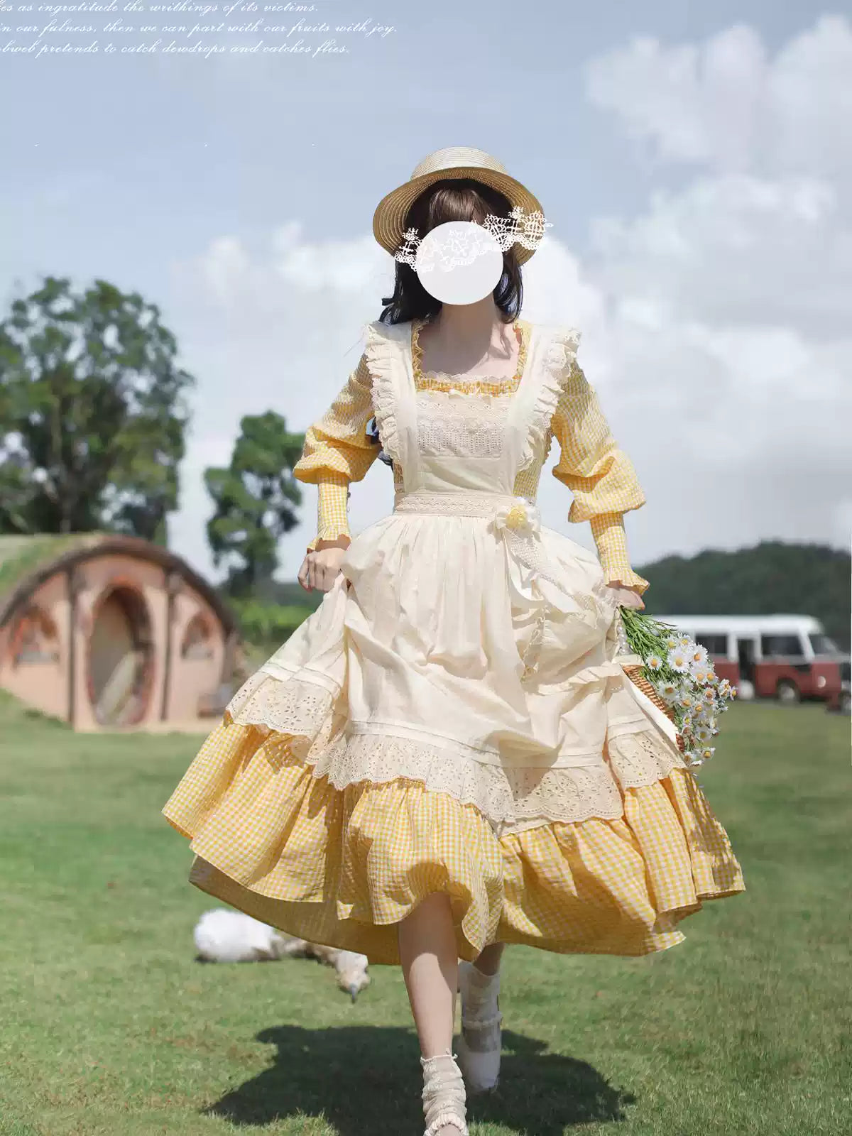 【Pre-order item】Retro Girly Yellow Dress + Apron + Ribbon
