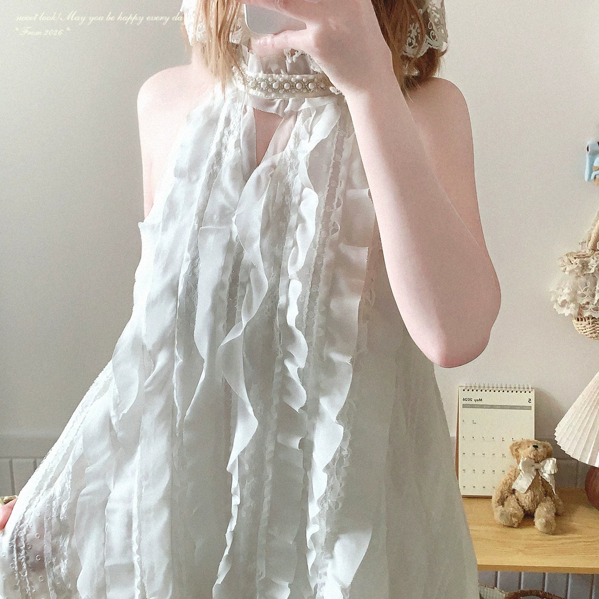 Final-batch yxt* Pearl Lace Stand Collar Contrast Peter Pan Collar Sweet “First Love” Sleeveless Dress