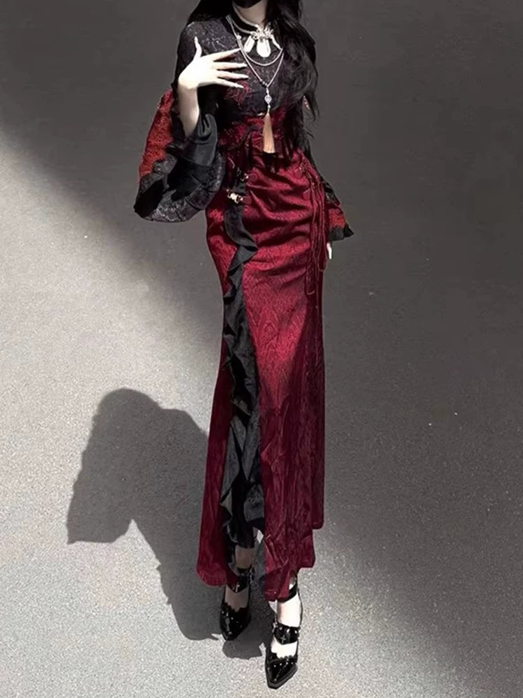 Dark Serpent Element New Chinese Style Adapted Cheongsam Lolita Snake Spirit Girl Cloak Set Mermaid Dress