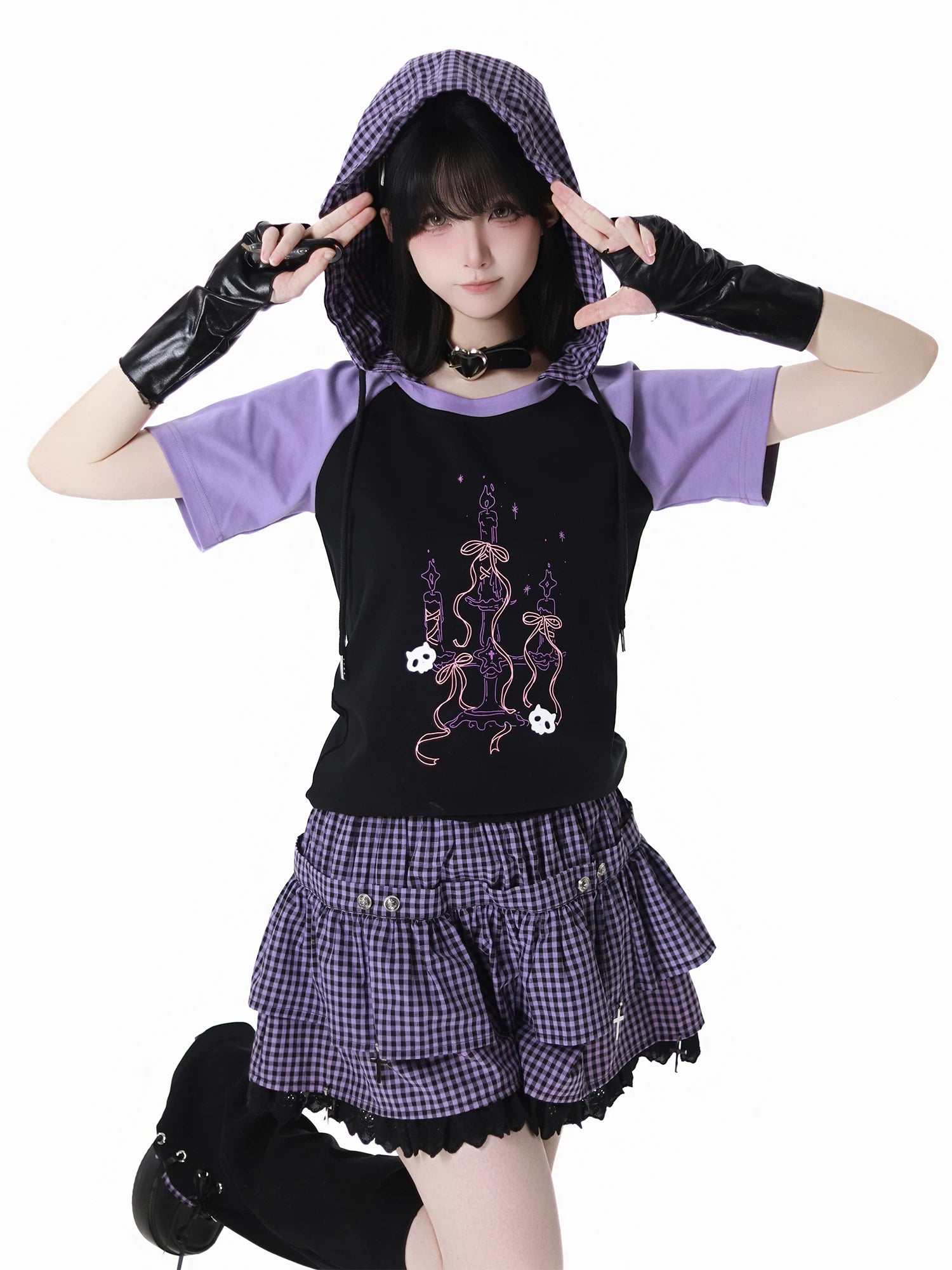Ready Stock & Fast Shipping 【Interwoven Dreamscape】 Purple Grid Summer Waist-Cinching Color-Block Slimming Cute Short-Sleeve Two-Piece Set