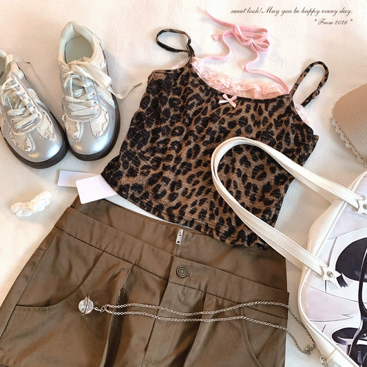 Y2K Leopard Lace Cami Top | Vintage Halter Two-Piece Style Top
