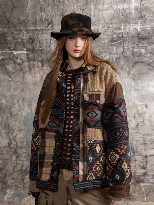 American retro multi-material stitching contrasting lapel jacket