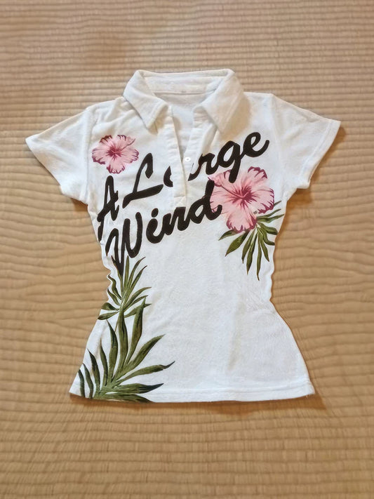 Vintage White Printed T-Shirt | Fitted Short Sleeve Top for Women
