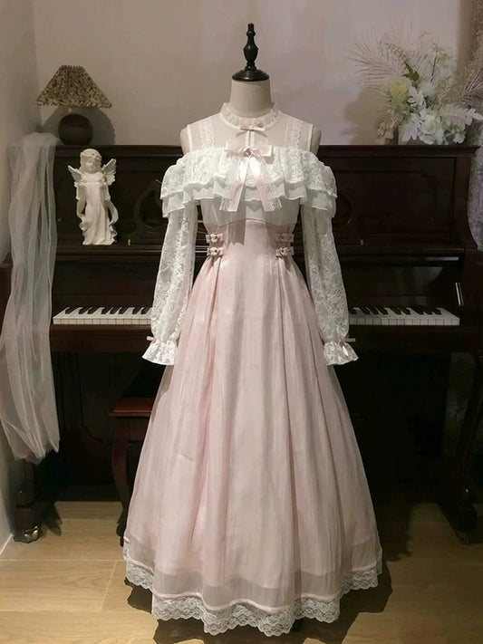 White Pink Clear-Style Lace Off-Shoulder Long Sleeve Fitted Midi Dress Lolita Dress