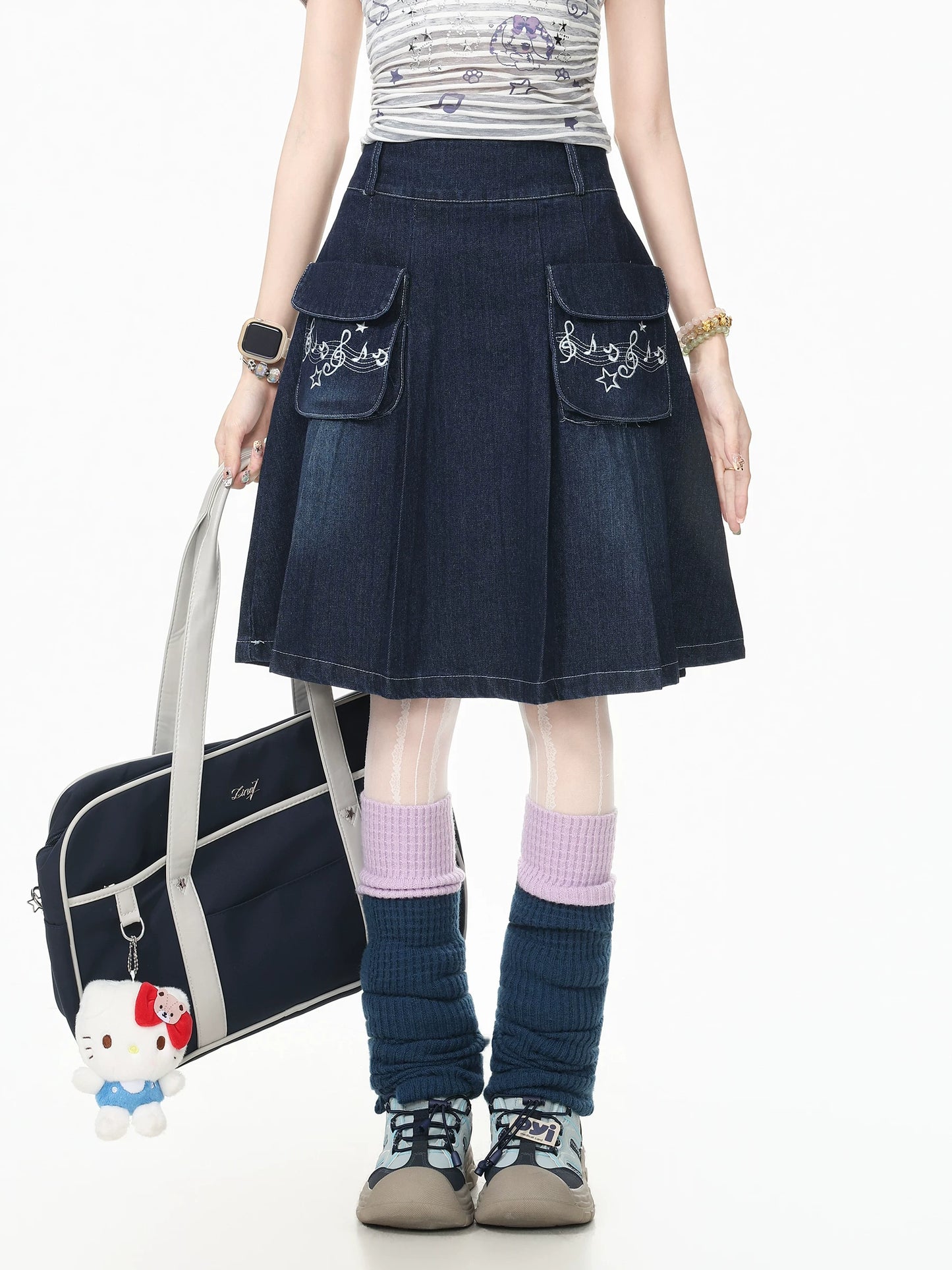Blue Ghost Park Languid Park Embroidered Pocket Pleated Denim Midi Skirt for Women, Summer New Style