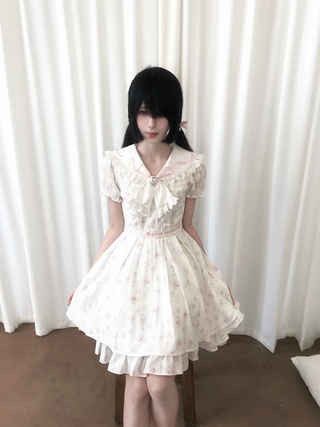 Lalalac Chacha “Hana no Akira” Floral Tea Party Dress | Navy Collar Lace Bow Waist-Slimming Sweetheart A-Line Dress for Women
