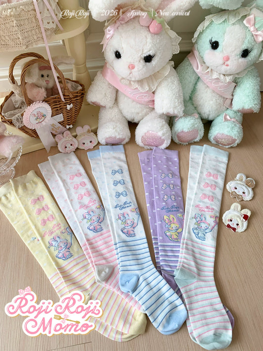 Original Lolita Socks by Momo for Women | Spring & Autumn Butterfly Bow Striped Sweet Lace-Up Style Lolita Cotton Socks