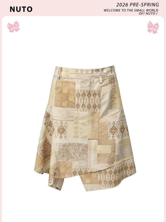 Ethnic-Inspired Patchwork Floral Print Asymmetrical Hem High-Waist Slimming Skirt for Women 2026 Summer New