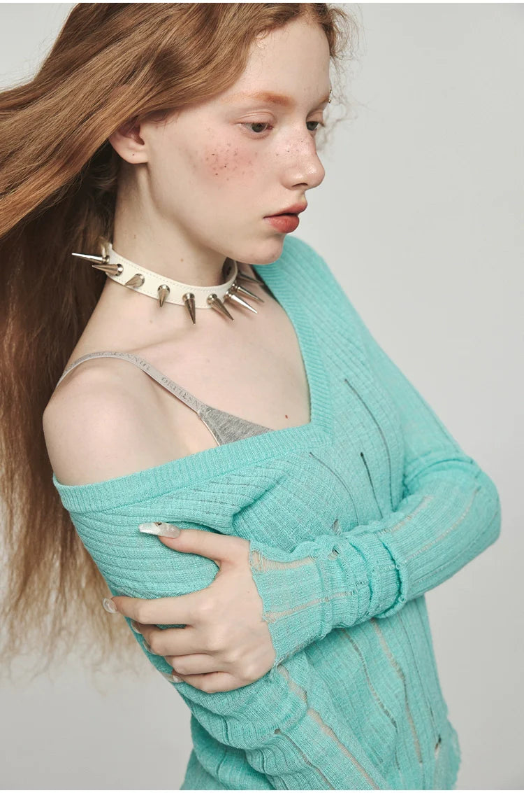 Hollow-Out V-Neck Thin Cardigan With Distressed Waist Knit Top