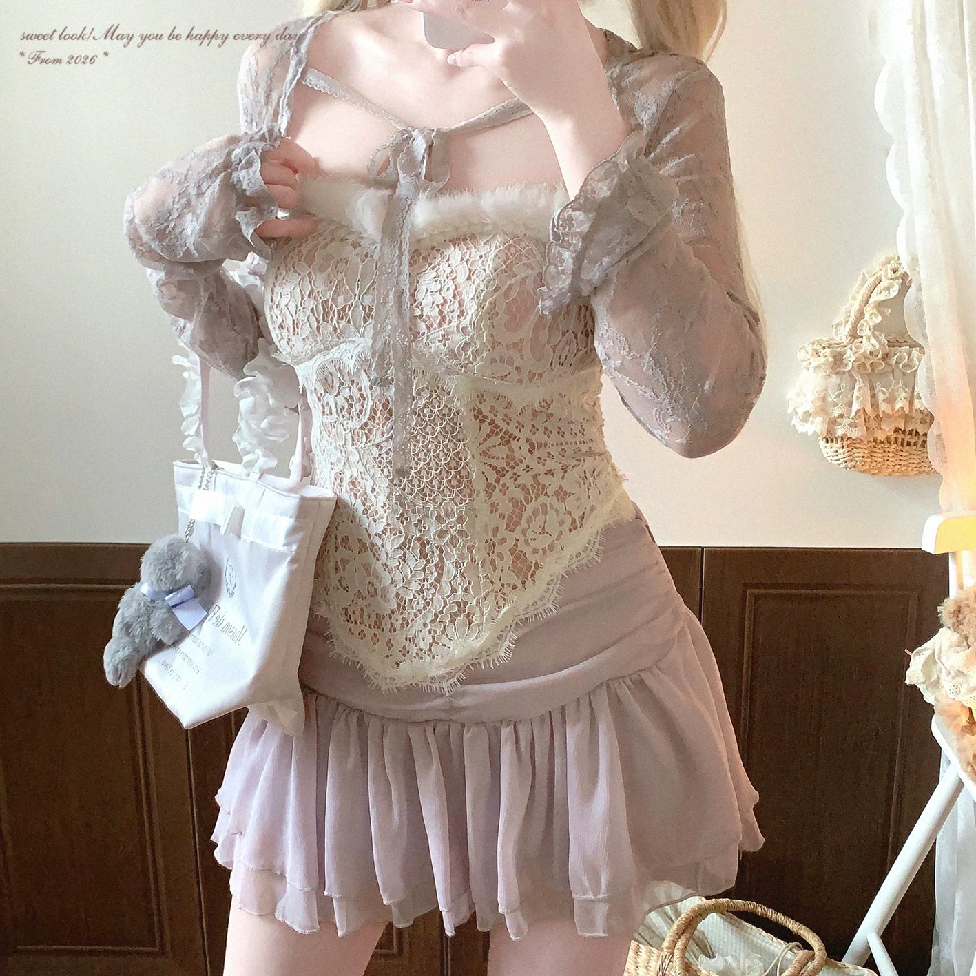 Last-Season Deal Joykik* Pure-Desire Fluffy Trim Patchwork Lace Floral Irregular Sexy Off-Shoulder Bustier Top