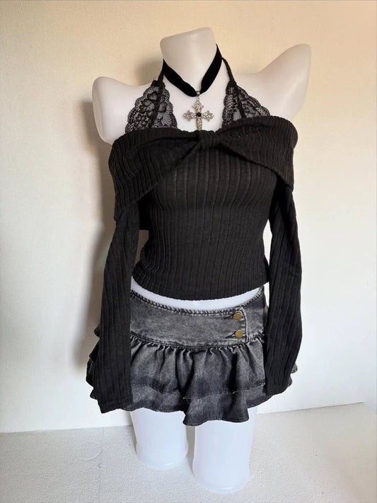 Ban Zhi Tao Original French-Style Black One-Shoulder Off-Shoulder Knit Sweater Elegant Chic Slimming Waist Tie Wrap Knitwear for Women in Autumn