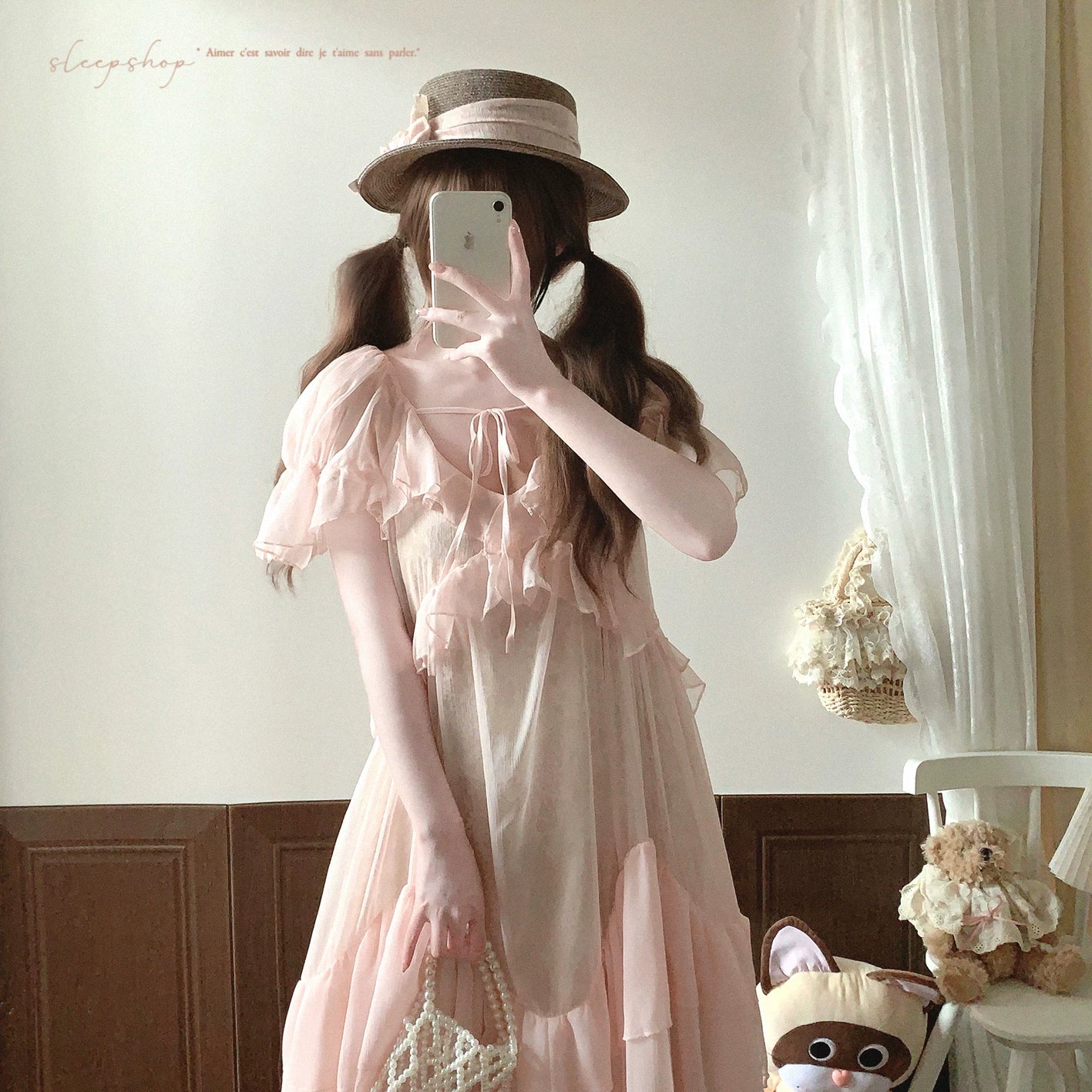 End-of-Season Item Blush Pink Romantic French-Style Ruffle Tie-Front Embellished Soft Lace Dress