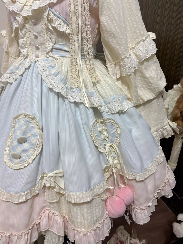 Blue-Pink Cute Sweet Lolita Dress Short Length, Long Sleeve “Lolita” Fluffy Princess Dress Slimming Everyday Outfit