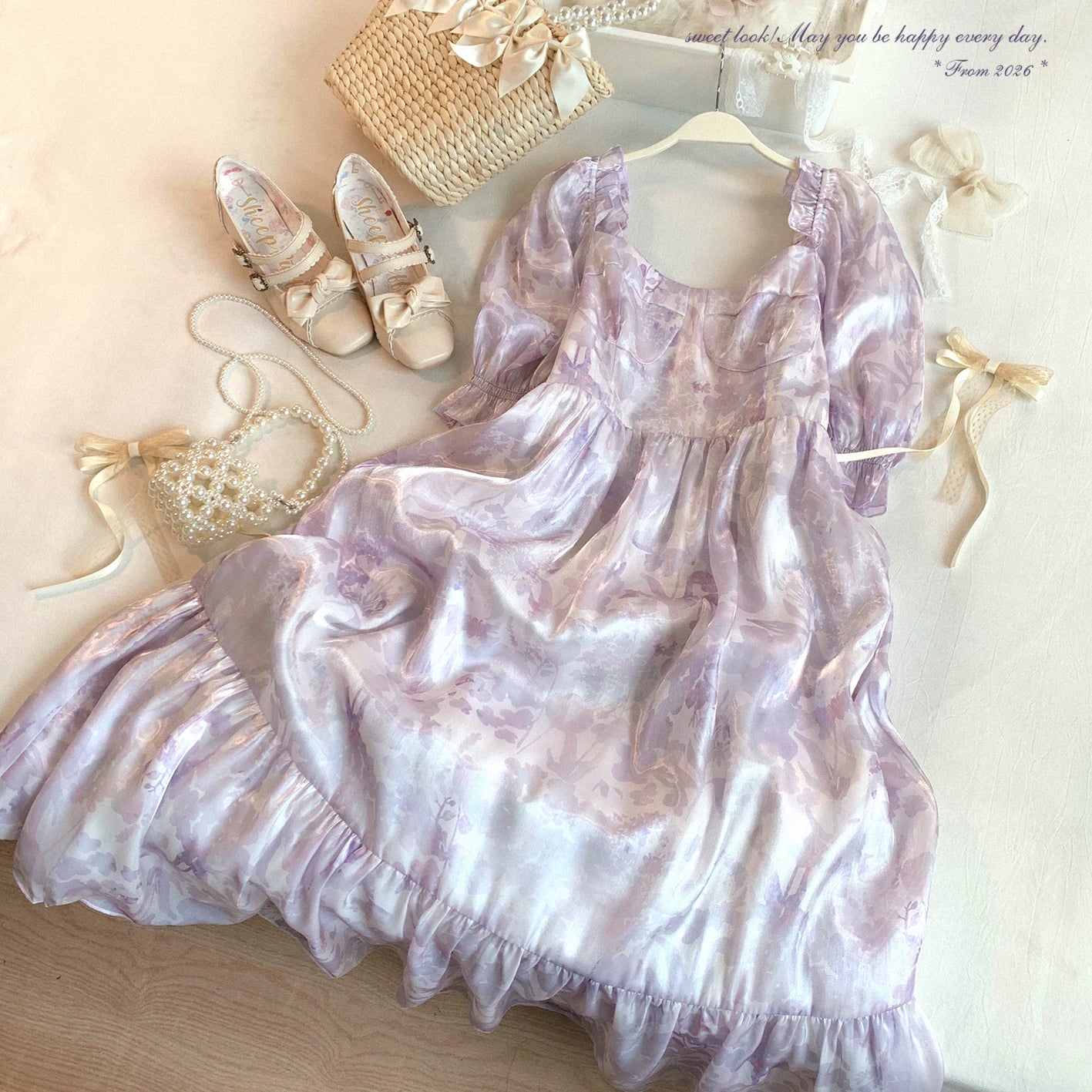 Last-Season Clearance—Vintage Square-Neck Puff-Sleeve Elegant Floral Shimmer Chiffon Dress