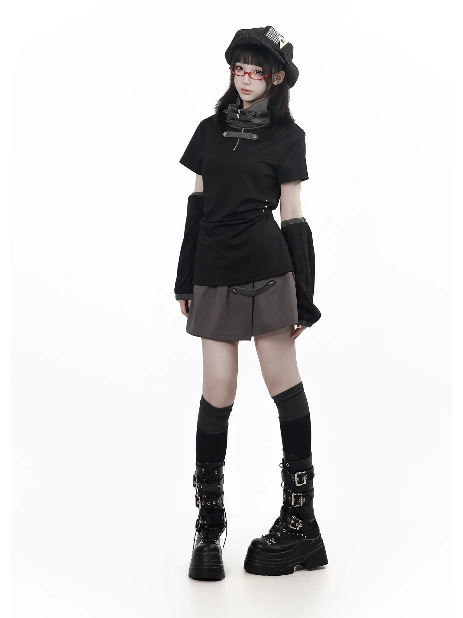 Ready-to-Ship【Grey Tuning】Black-Grey Stand Collar Summer Sleeve Cuffs Short-Sleeve Flared Skirt Waist-Length Slimming Dress for Women